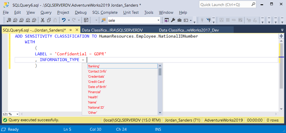 Information types for data classification in SQL Server 2019