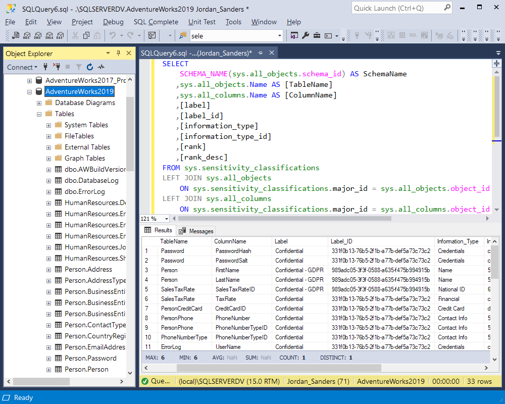 The information about the classified columns obtained with the sys.sensitivity_classifications system view