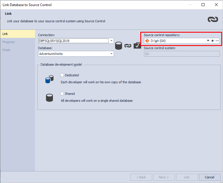 Linking a database to Git source control