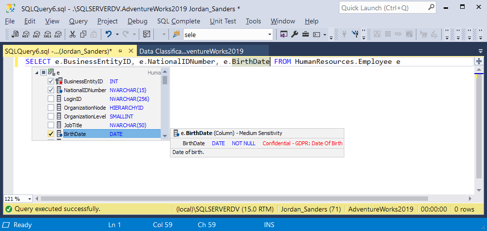 Suggestion windows in SQL Complete help differentiate sensitivity degree of vulnerable data