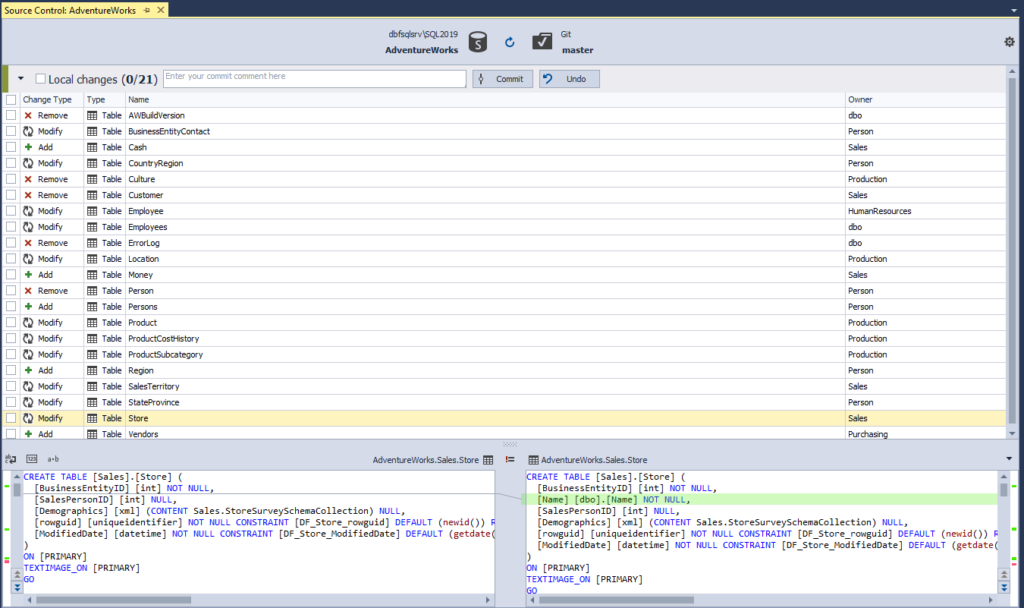 Source Control Manager displaying the local changes for the shared database development model