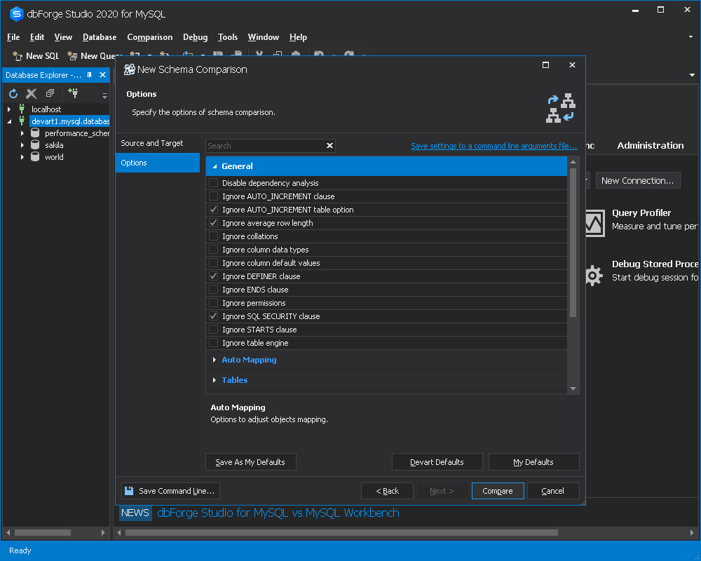 Schema compare options - to deploy to Azure database for  MySQL