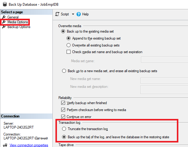 Back up the tail of the log option in SSMS