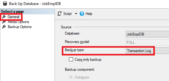 Selecting the Transaction log backup type in SSMS