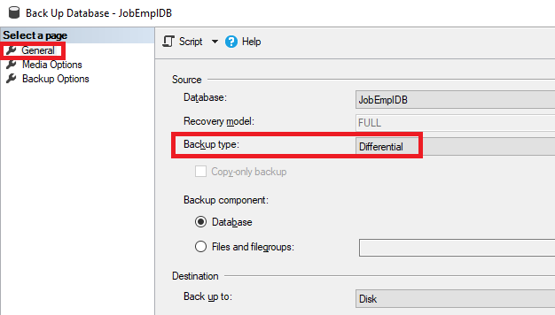 Selecting the differential database backup type