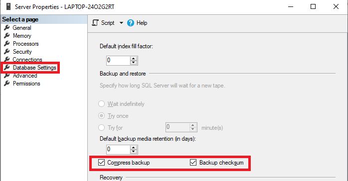 Enabling the Compress backup and Backup checksum settings on the MS SQL Server instance level