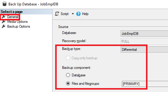 Making a differential backup with Files and filegroups in the Backup component section
