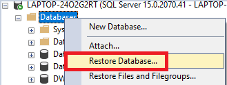 The Restore Database option in SSMS