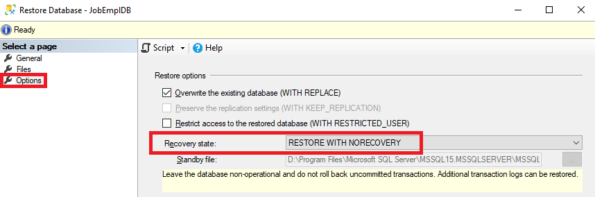 Restoring the database from a full backup under the full recovery model in SSMS
