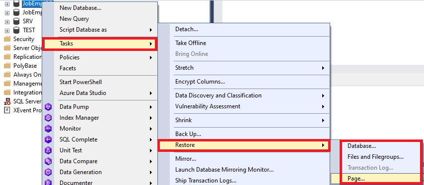 The Restore context menu of the database in SSMS