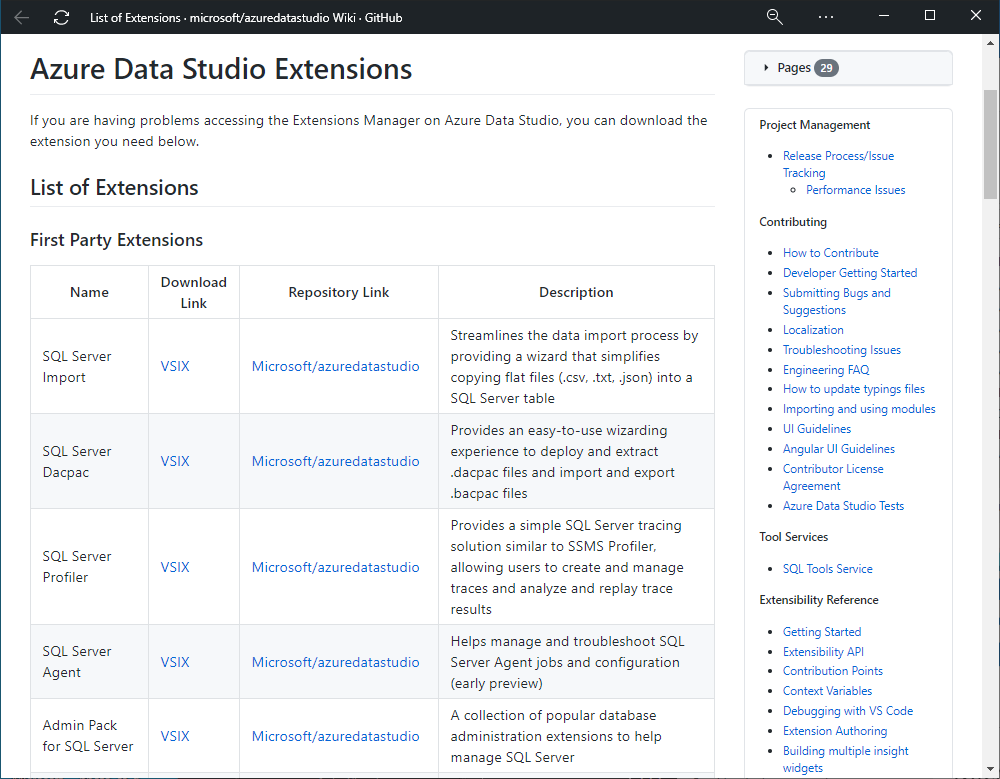The Azure Data Studio extensions at GitHub Wiki