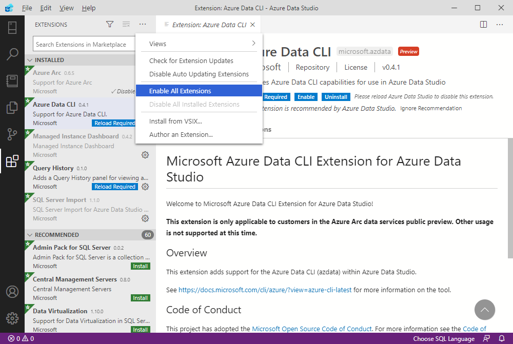 Enabling the extensions in Microsoft Azure Data Studio