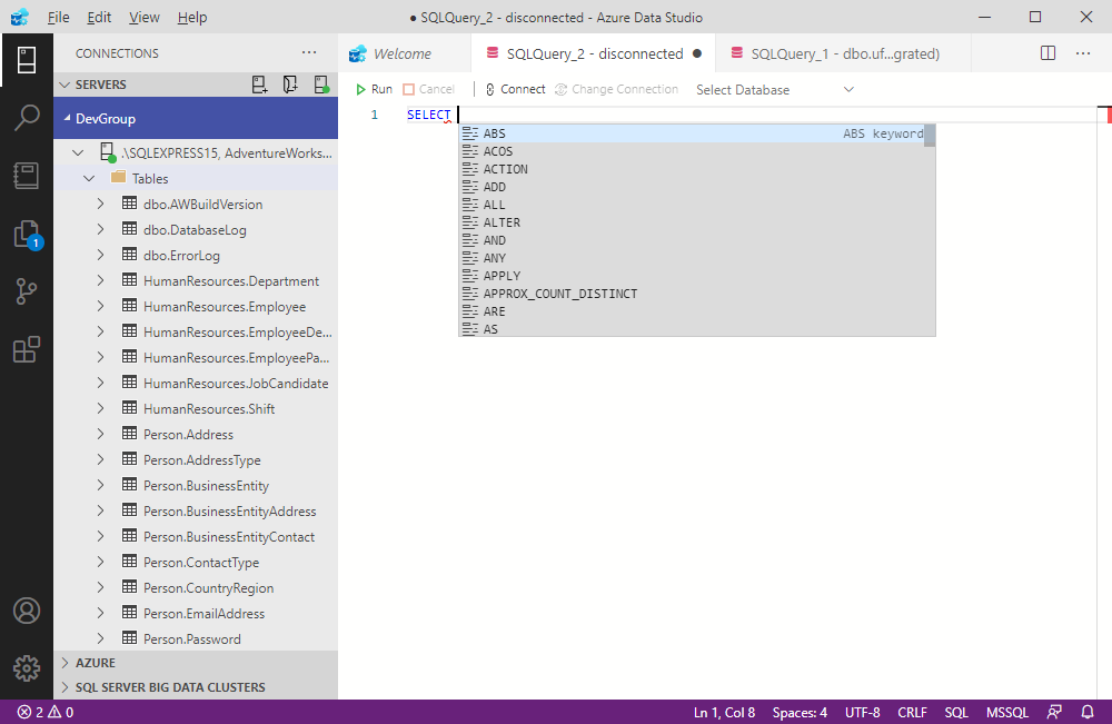 Transact-SQL editor in Microsoft Azure Data Studio