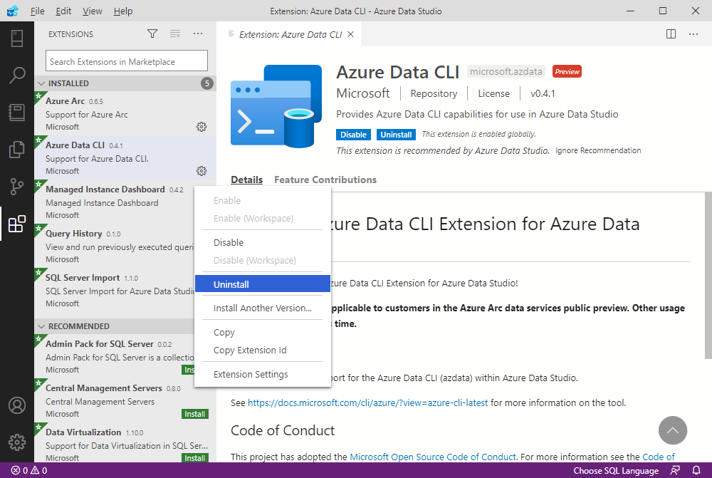 Uninstalling the extension in Azure Data Studio