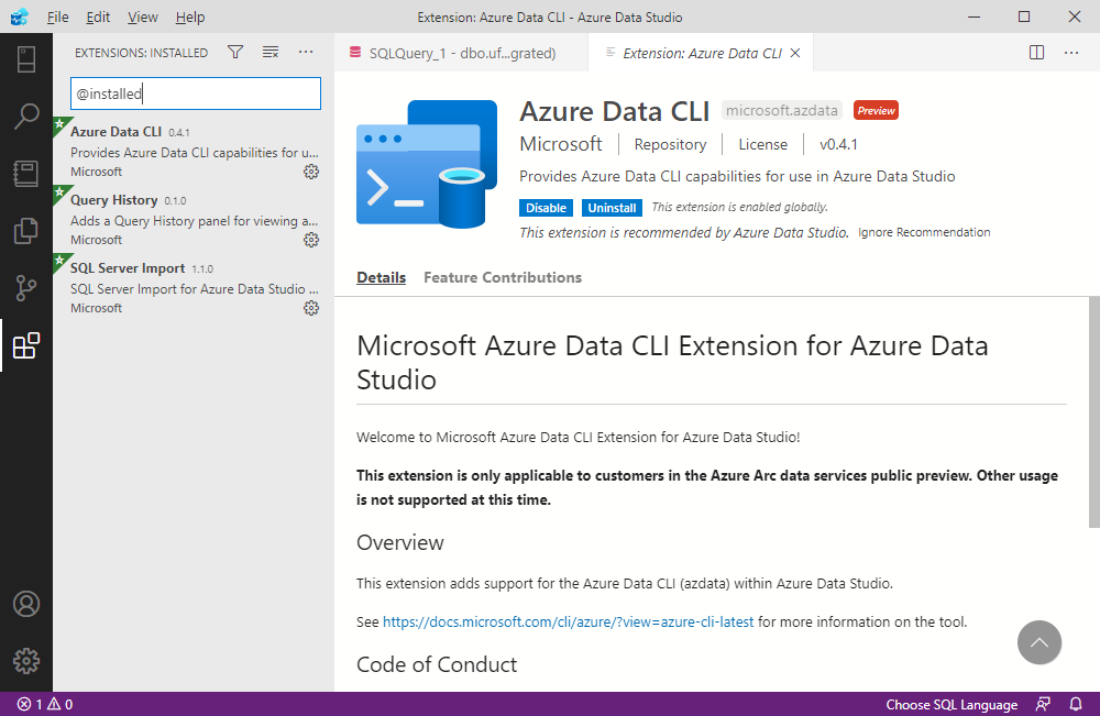 Viewing the installed extensions in MS Azure Data Studio