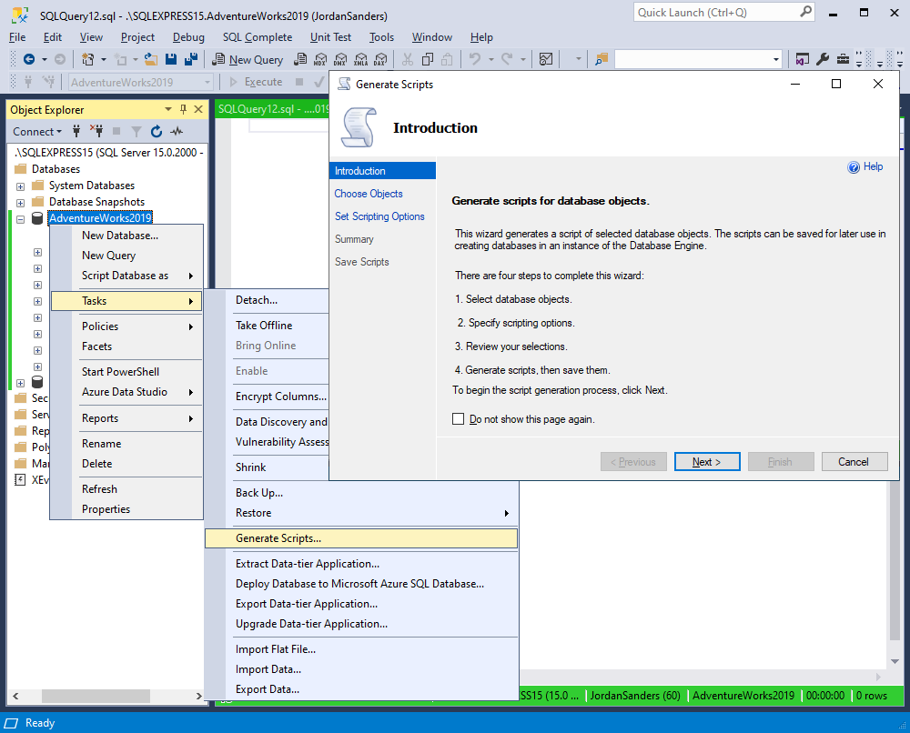 Generate and Publish Scripts Wizard feature of SSMS