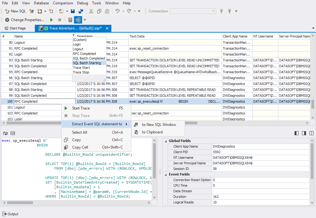 Queries and events profiling in a SQL Server database tool