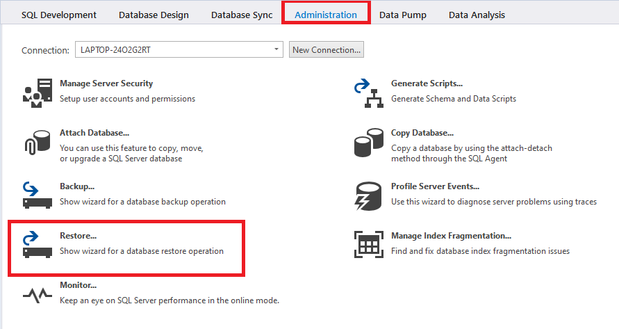 The Restore functionality on the Administration tab of dbForge Studio for SQL Server