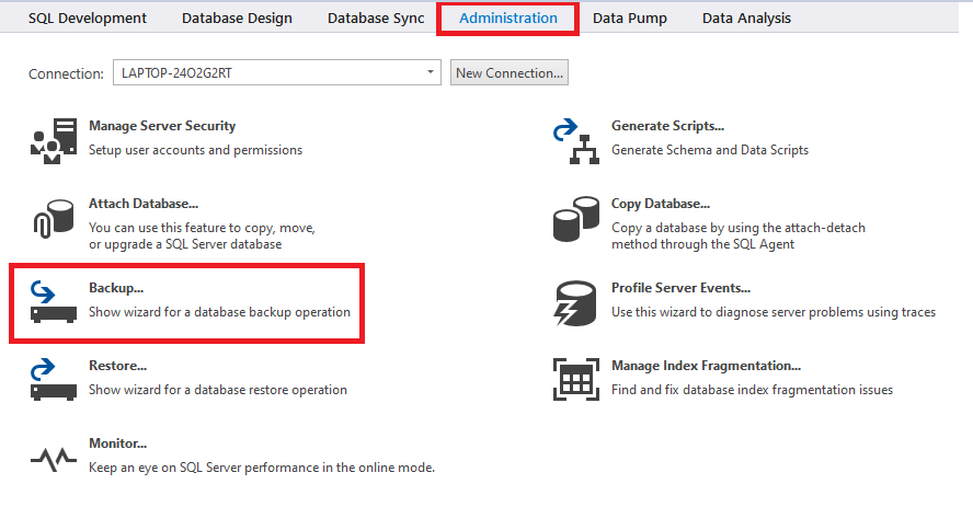 The Administration tab within dbForge Studio for SQL Server