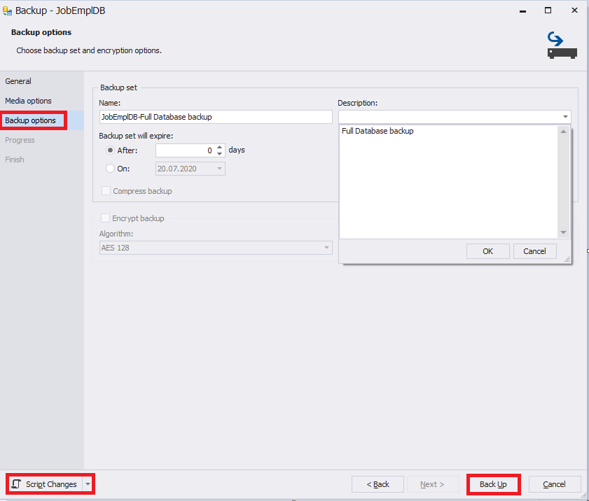 The Backup Options tab settings in dbForge Studio for SQL Server