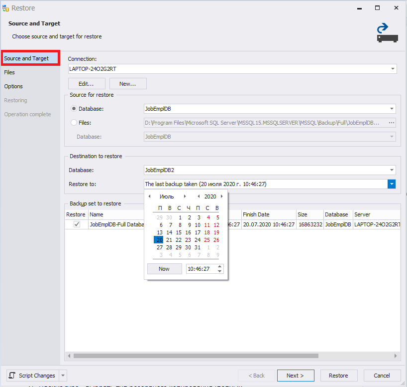 The Source and Target tab settings for SQL Server database restore