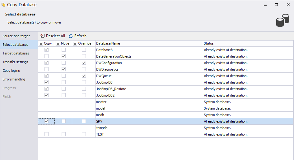 Selecting the database to copy within dbForge Studio for SQL Server
