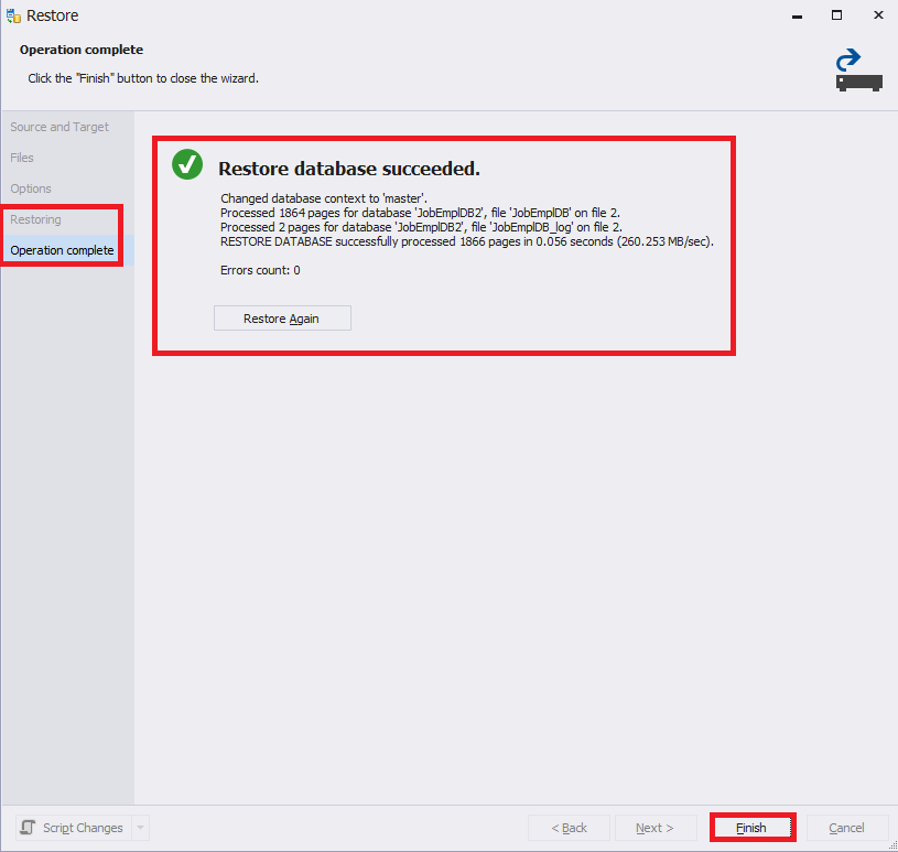 The successful database restore process in dbForge Studio for SQL Server
