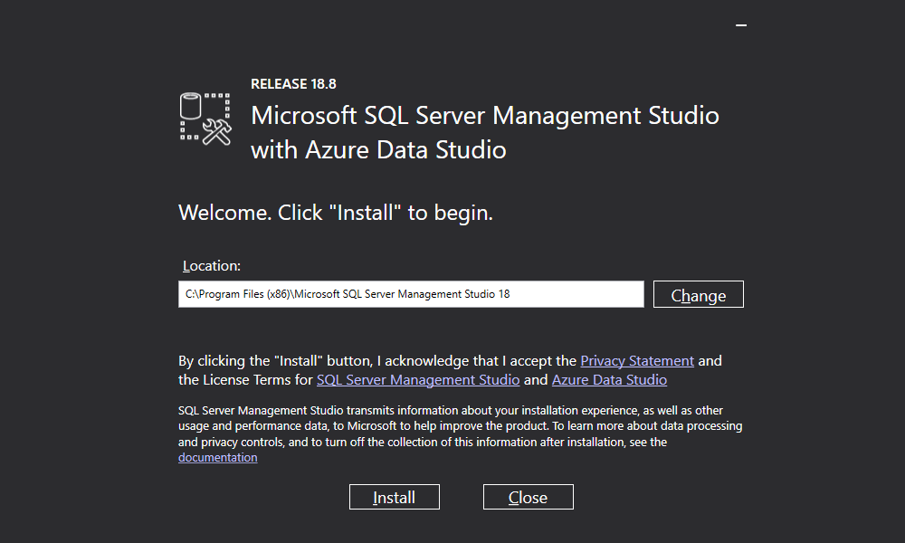 SSMS welcome screen