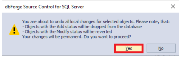 Confirming the selected local changes rollback using the Source Control tool