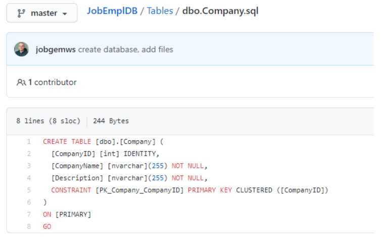 Company table definition in the GitHub repository using Source Control