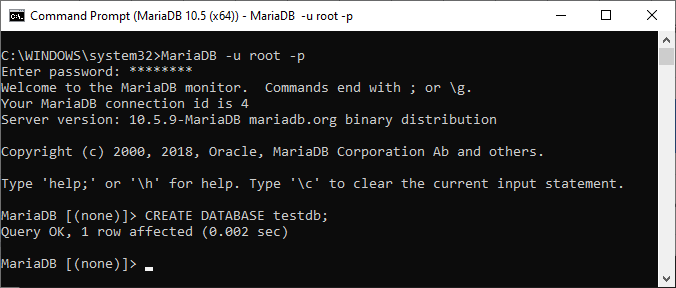 Create a database via MariaDB command prompt