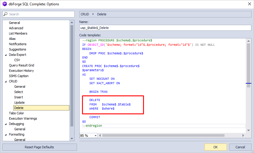 Generating a DELETE CRUD operation in dbForge Studio for SQL Server