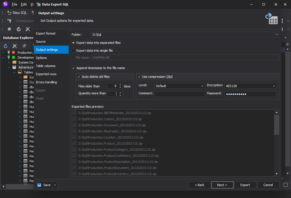 dbForge Studio for SQL Server 6.0 - Output settings tab in the Export Wizard