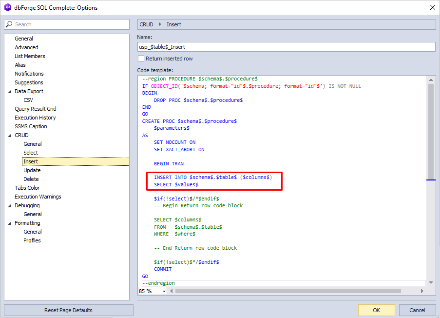 Generating an INSERT SQL CRUD operation in dbForge Studio for SQL Server