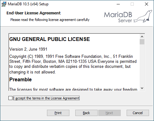 Accept the terms in the License Agreement of MariaDB Server