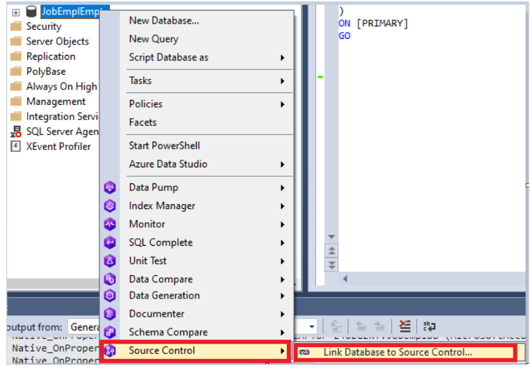 Calling the window to link the database to the source control repository 