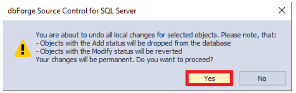The warning appeared before rolling back the selected local changes