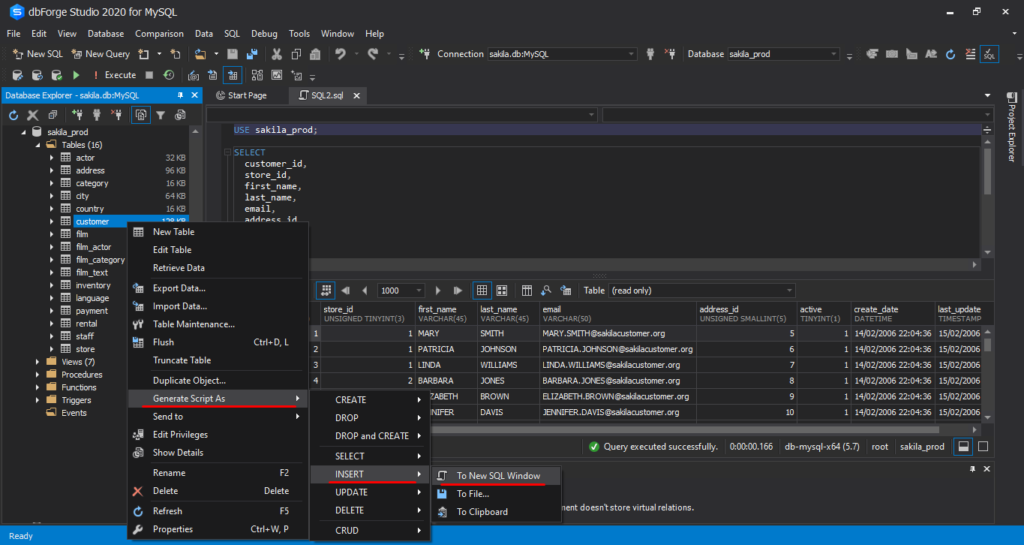 Generating the INSERT script to a new SQL document in dbForge Studio for MySQL