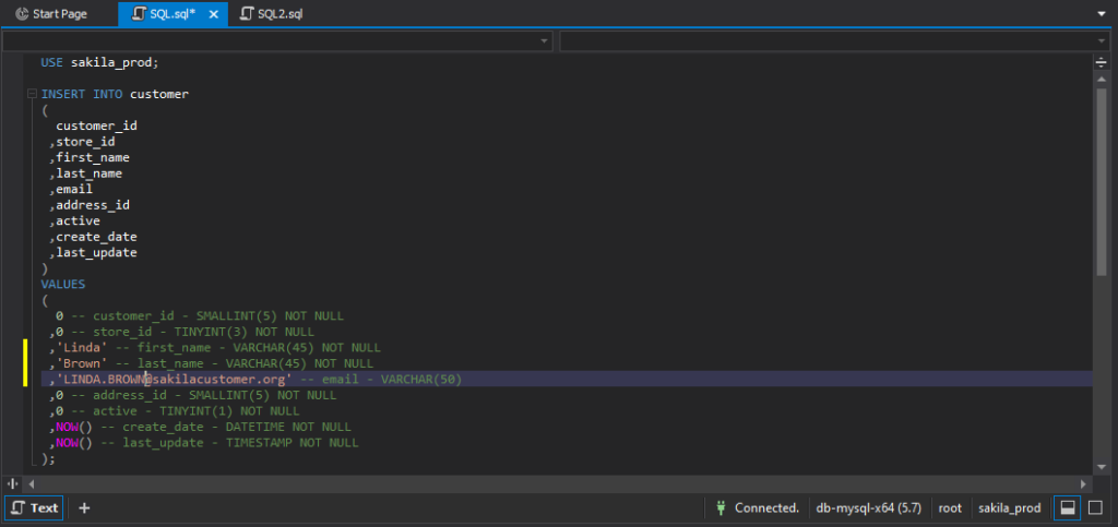 The INSERT script generated automatically in the SQL code editor in dbForge Studio for MySQL