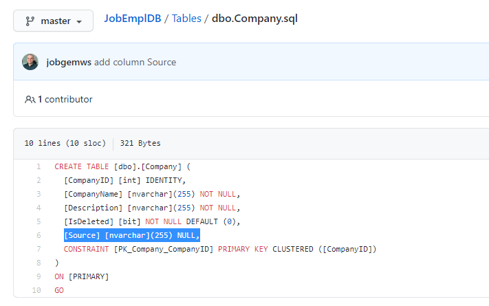 The Company table definition has been changed in the GitHub repository
