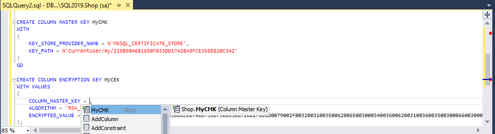 Suggestions for a column master key in the CREATE COLUMN ENCRYPTION KEY statement available in dbForge SQL Complete