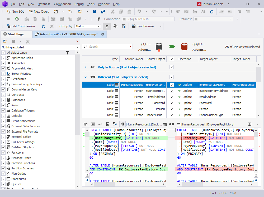 Schema comparison process via dbForge Compare Bundle