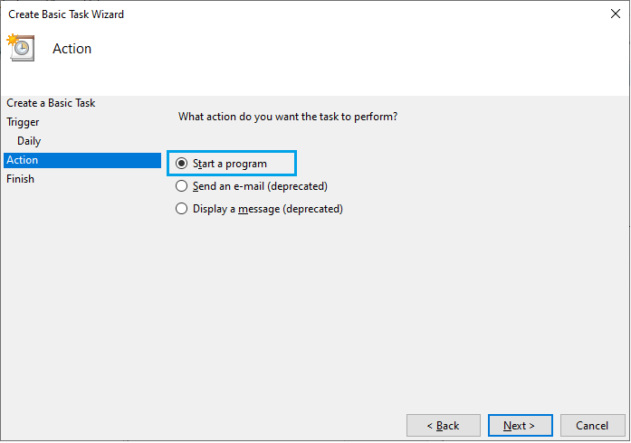 Specifying the action for the data population task