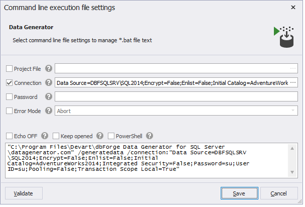 Configuring command-line file settings to create a .bat file in dbForge Data Generator for SQL Server
