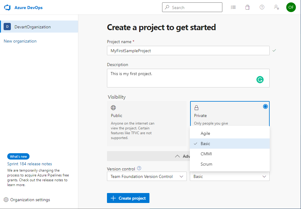 Create a project and choose a version control system