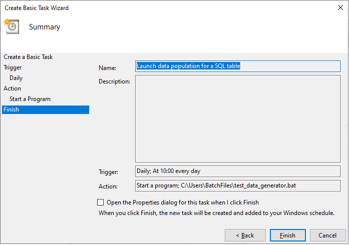 Verifying the settings for the data population task