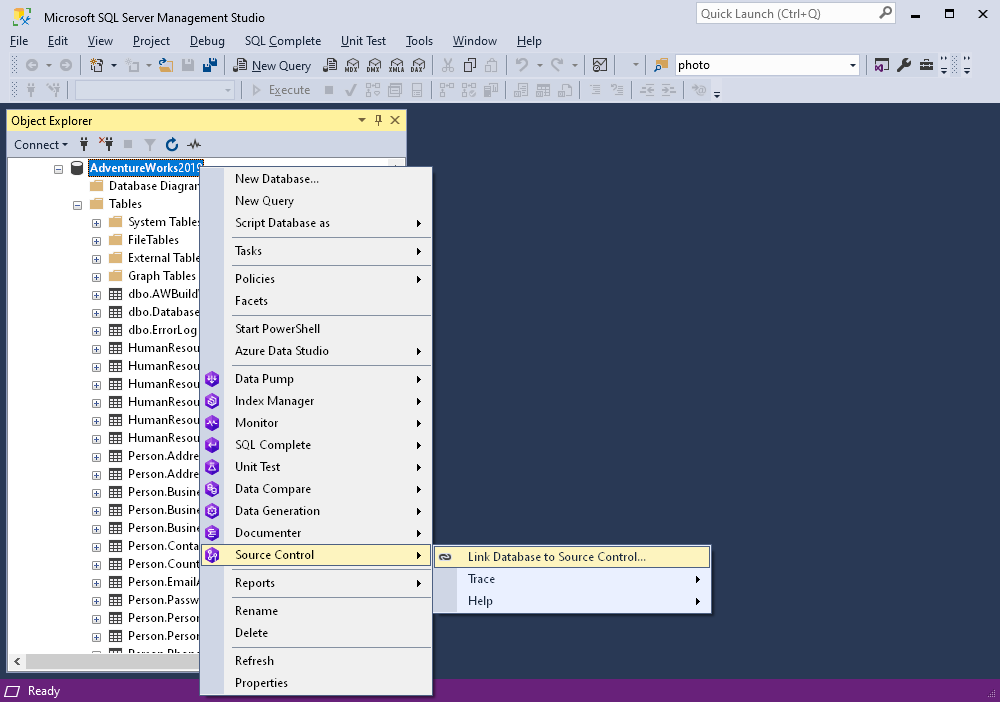 Initiate database linking to Source Control