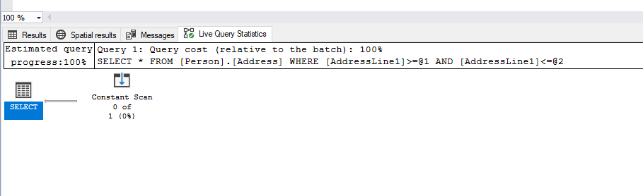 The live query statistics shows the use of constant scan