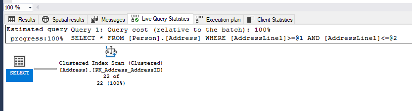 The live query statistics shows the use of clustered index scan