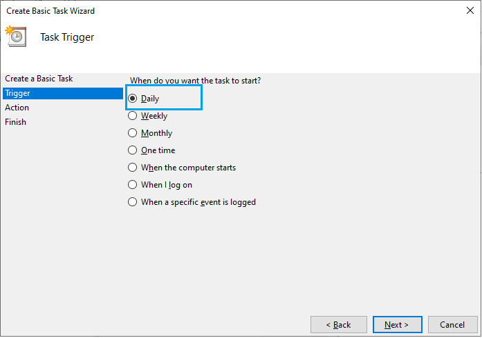 Selecting the Daily option to run the data population task one a day